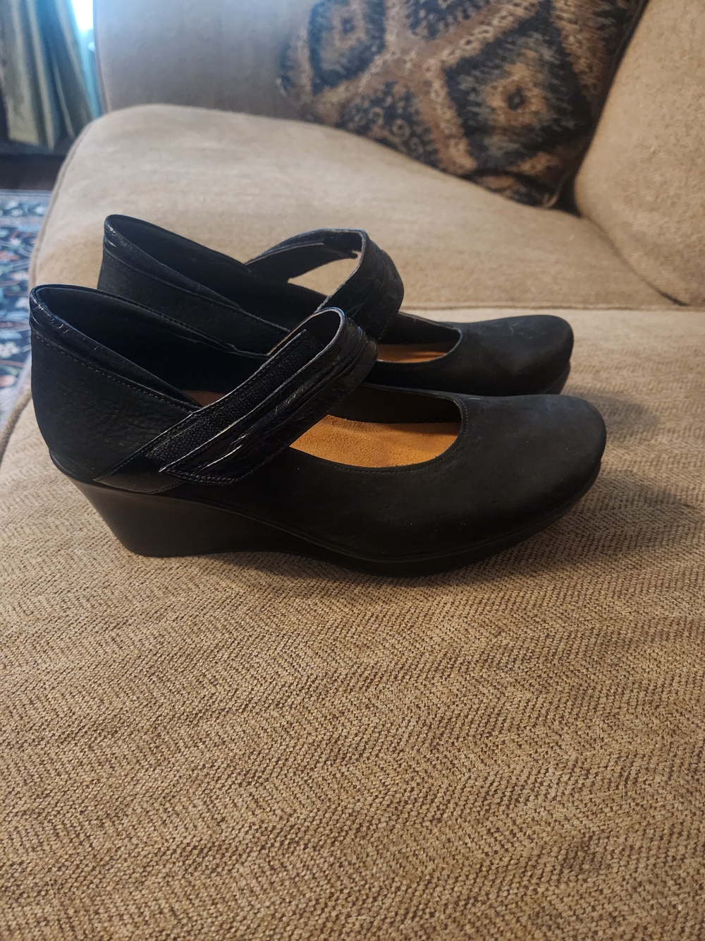 Mary Jane Black Nubuck Wedge Heels with Velcro Strap